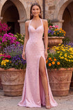 Pink Mermaid Corset Halter Pearls Satin Beaded Long Prom Dress with Slit