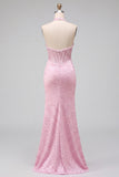 Pink Mermaid Corset Halter Pearls Satin Beaded Long Prom Dress with Slit