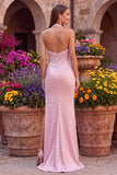 Pink Mermaid Corset Halter Pearls Satin Beaded Long Prom Dress with Slit