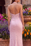 Pink Mermaid Corset Halter Pearls Satin Beaded Long Prom Dress with Slit