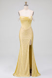 Off the Shoulder Yellow Mermaid Satin Pearls Cowl Corset Prom Dress with Beading