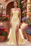 Off the Shoulder Yellow Mermaid Satin Pearls Cowl Corset Prom Dress with Beading