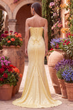 Off the Shoulder Yellow Mermaid Satin Pearls Cowl Corset Prom Dress with Beading