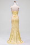 Off the Shoulder Yellow Mermaid Satin Pearls Cowl Corset Prom Dress with Beading
