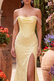 Off the Shoulder Yellow Mermaid Satin Pearls Cowl Corset Prom Dress with Beading