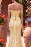 Off the Shoulder Yellow Mermaid Satin Pearls Cowl Corset Prom Dress with Beading