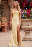 Off the Shoulder Yellow Mermaid Satin Pearls Cowl Corset Prom Dress with Beading
