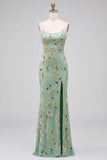 Green Sheath Spaghetti Straps Long Prom Dress with Beading