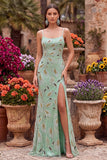 Green Sheath Spaghetti Straps Long Prom Dress with Beading
