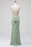 Green Sheath Spaghetti Straps Long Prom Dress with Beading