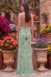 Green Sheath Spaghetti Straps Long Prom Dress with Beading