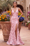 Pink Mermaid 3D Floral Appliques Sequins Spaghetti Straps Long Prom Dress with Slit