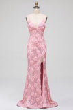 Pink Mermaid 3D Floral Appliques Sequins Spaghetti Straps Long Prom Dress with Slit