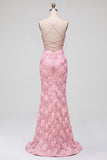 Pink Mermaid 3D Floral Appliques Sequins Spaghetti Straps Long Prom Dress with Slit
