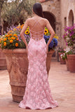 Pink Mermaid 3D Floral Appliques Sequins Spaghetti Straps Long Prom Dress with Slit