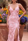 Pink Mermaid 3D Floral Appliques Sequins Spaghetti Straps Long Prom Dress with Slit