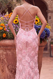 Pink Mermaid 3D Floral Appliques Sequins Spaghetti Straps Long Prom Dress with Slit