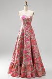 Red Floral Jacquard Ruffled Hem A-Line Strapless Long Prom Dress with Slit