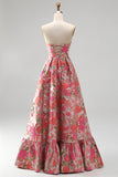 Red Floral Jacquard Ruffled Hem A-Line Strapless Long Prom Dress with Slit