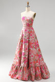 Red Floral Jacquard Ruffled Hem A-Line Strapless Long Prom Dress with Slit