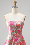 Red Floral Jacquard Ruffled Hem A-Line Strapless Long Prom Dress with Slit