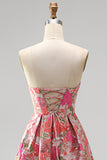 Red Floral Jacquard Ruffled Hem A-Line Strapless Long Prom Dress with Slit