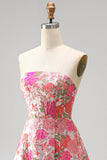 Red Floral Jacquard Ruffled Hem A-Line Strapless Long Prom Dress with Slit