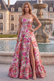 Red Floral Jacquard Ruffled Hem A-Line Strapless Long Prom Dress with Slit