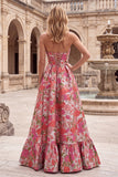 Red Floral Jacquard Ruffled Hem A-Line Strapless Long Prom Dress with Slit