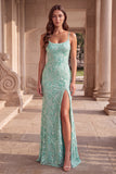 Mint Green Floral Embroidery Sheath Spaghetti Straps Long Prom Dress with Slit