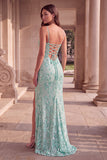 Mint Green Floral Embroidery Sheath Spaghetti Straps Long Prom Dress with Slit