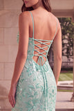Mint Green Floral Embroidery Sheath Spaghetti Straps Long Prom Dress with Slit