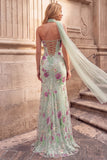 Mermaid Light Green Sequins Floral Strapless Long Prom Dress with Chiffon Sash
