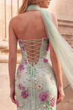 Mermaid Light Green Sequins Floral Strapless Long Prom Dress with Chiffon Sash