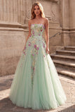 Light Green Sequins A-Line Tulle Strapless Long Prom Dress