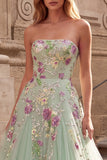 Light Green Sequins A-Line Tulle Strapless Long Prom Dress