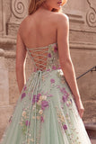 Light Green Sequins A-Line Tulle Strapless Long Prom Dress