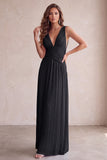 Black V-Neck A-Line Pleated Long Wedding Guest Dress