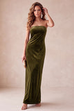 Olive Sheath Velvet Strapless Long Holiday Party Dress