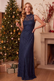 Dark Blue Sheath High Neck Long Wedding Guest Dress with Lace
