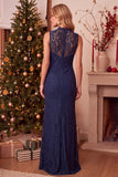 Dark Blue Sheath High Neck Long Wedding Guest Dress with Lace