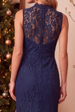 Dark Blue Sheath High Neck Long Wedding Guest Dress with Lace