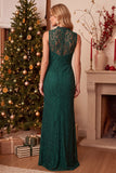 Dark Blue Sheath High Neck Long Wedding Guest Dress with Lace