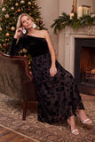 One Shoulder Black Velvet A-Line Floral Midi Holiday Party Dress
