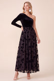 One Shoulder Black Velvet A-Line Floral Midi Holiday Party Dress
