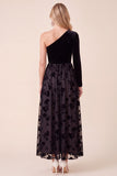 One Shoulder Black Velvet A-Line Floral Midi Holiday Party Dress