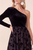 One Shoulder Black Velvet A-Line Floral Midi Holiday Party Dress