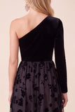 One Shoulder Black Velvet A-Line Floral Midi Holiday Party Dress