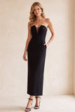 Black V-Neck Sheath Strapless Mesh Midi Wedding Guest Dress with Pockets