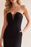Black V-Neck Sheath Strapless Mesh Midi Wedding Guest Dress with Pockets